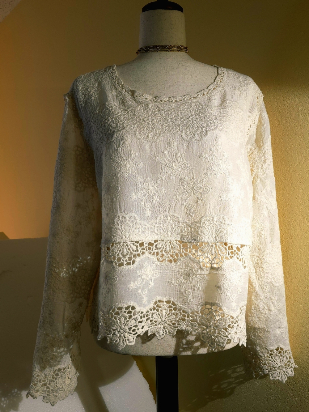 Lace Crochet-Trim Long Sleeve Top - Cream